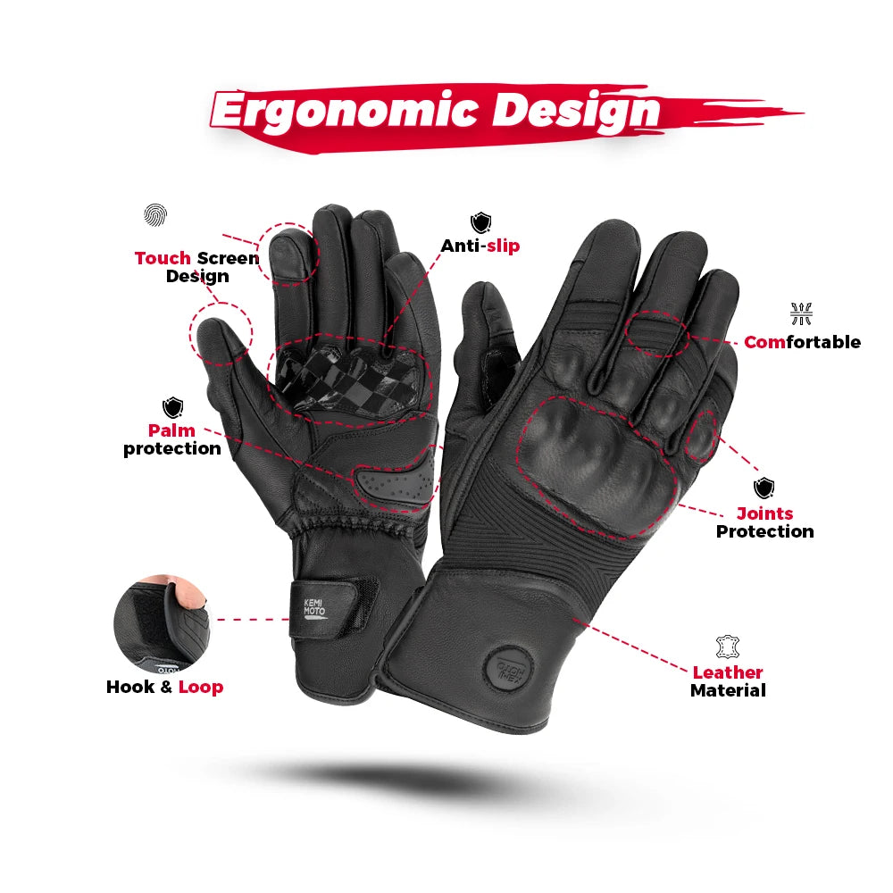 KEMIMOTO Winter Leather Motorcycle Gloves – Waterproof Motorcycle Gloves Nixie