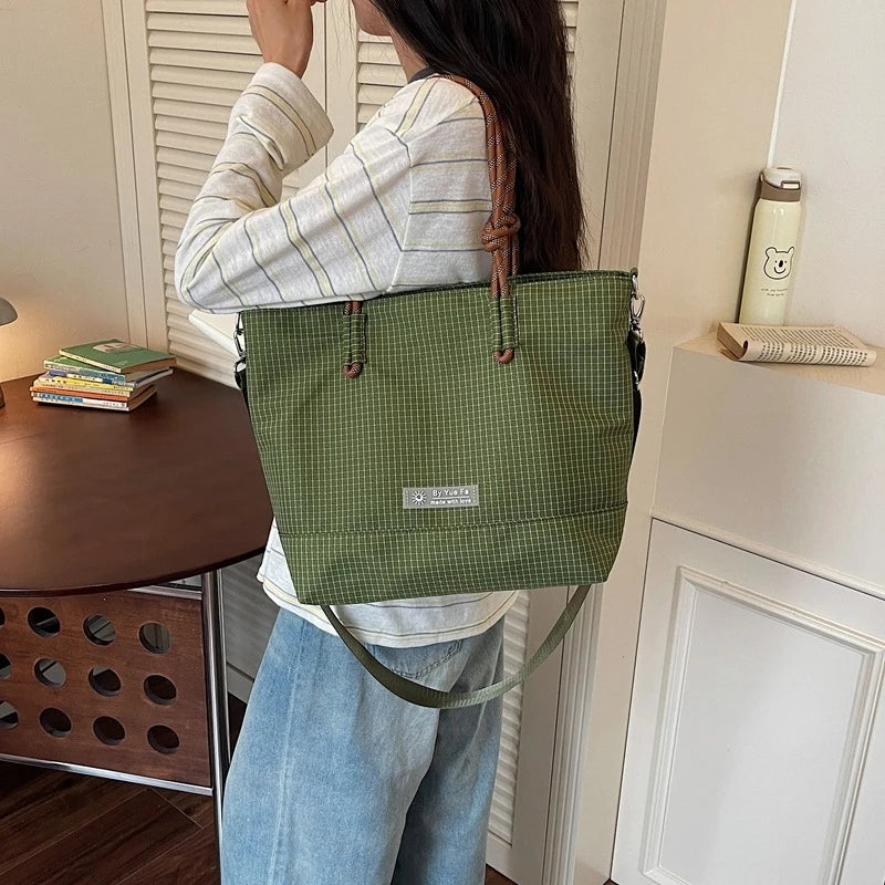 Japanese Plaid Nylon Tote Bag – Large Capacity Work & School Nylon Tote Bag Nixie