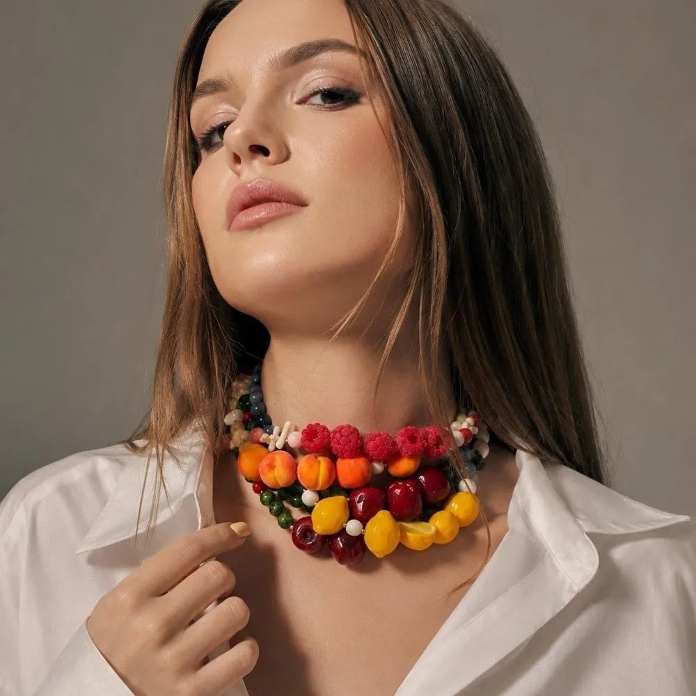 3D Colorful Fruit Beaded Necklace – Resin Strawberry & Pomegranate Beaded Pendant Necklace Nixie