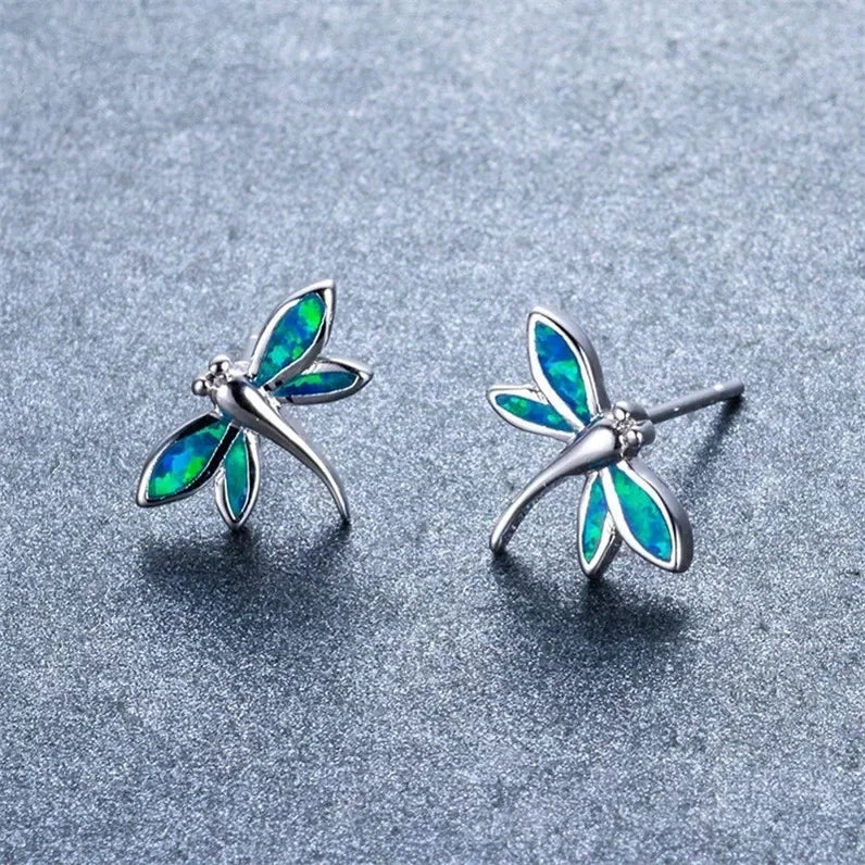 Women's Dragonfly Simulated Opal Stud Earrings – Silver Blue