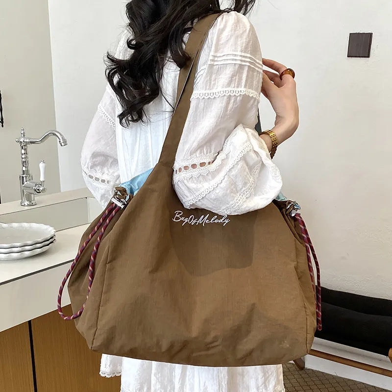 Women's Reversible Canvas Drawstring Shoulder Tote Bag Canvas Shoulder Tote Nixie BB-1498Brown