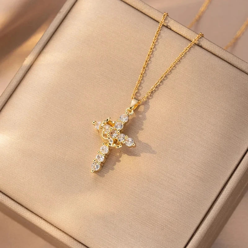 Gold Cross Pendant Necklace for Women | Minimalist Collarbone Cross Pendant Necklace Nixie