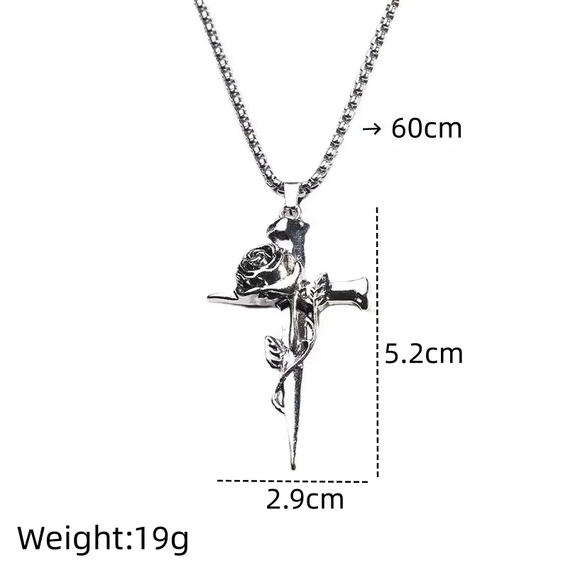 Retro Rose Cross Long Necklace Hip Hop Unisex Pendant Fashion Necklace Nixie