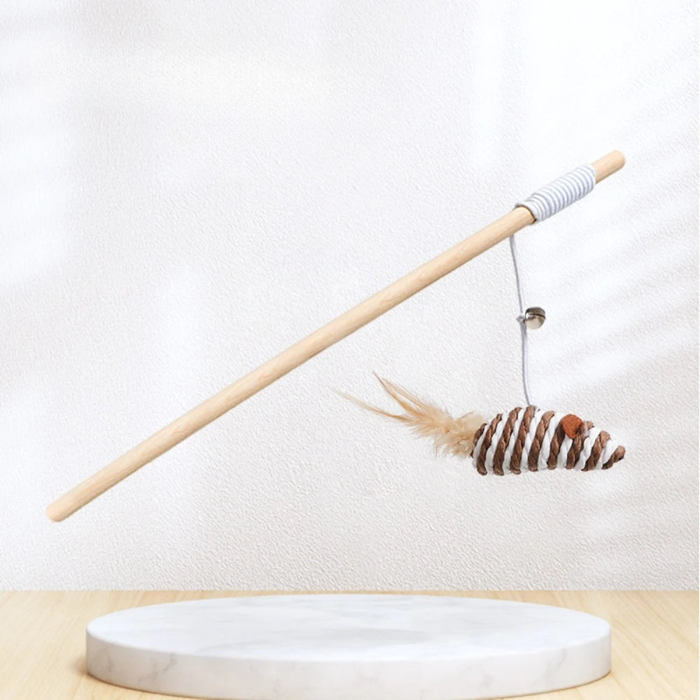 Wooden Handle Cat Teaser Wand – Feather, Bell & Elastic String