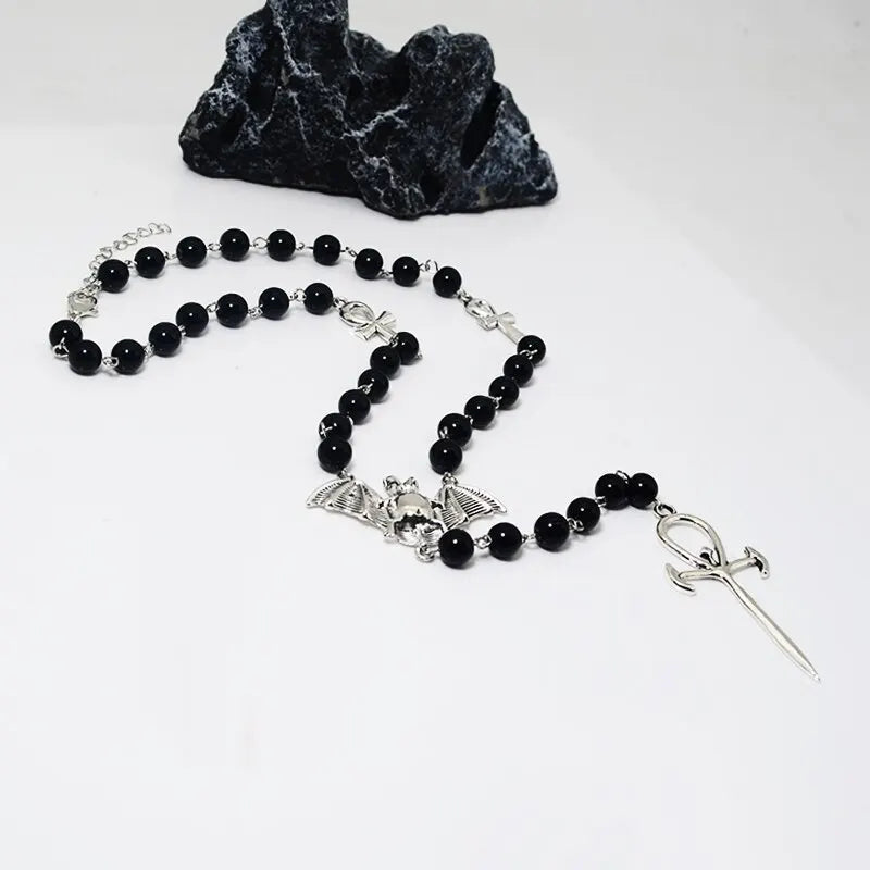 Vintage Gothic Vampire Bat Rosary Cross Pendant Necklace Unisex