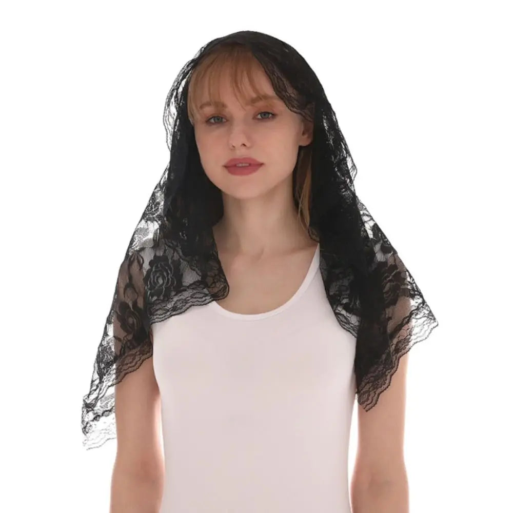 Spanish Lace Mantilla Veil – Catholic Chapel Head Covering Scarf Lace Mantilla Veil Nixie black