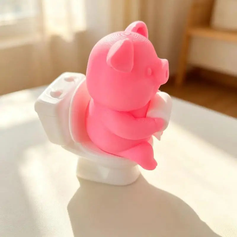 3D Printed Pig on Toilet Figurine – Funny Cartoon Desk Décor Novelty Figurine Nixie