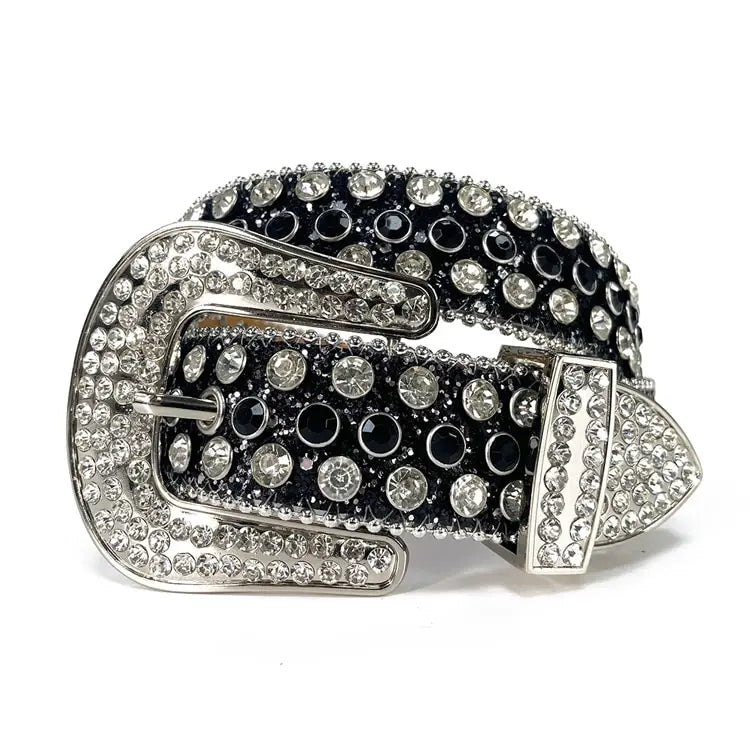 Women's Wide Rhinestone Belt – Luxury Faux Leather & Alloy Buckle Women's Fashion Belt Nixie 120cm Black and white