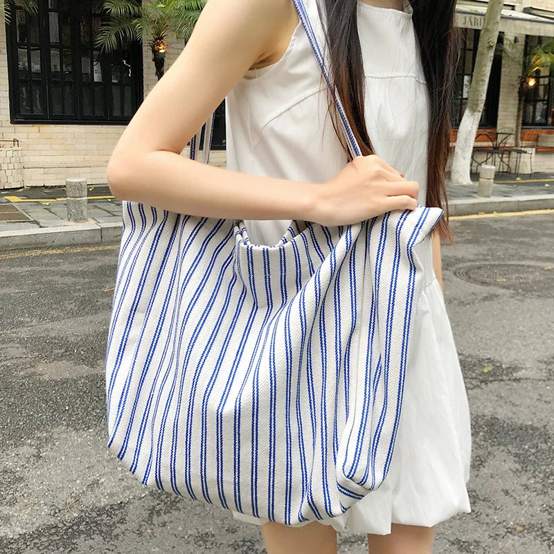 Korean Striped Canvas Tote Bag – Large Capacity Shoulder Bag Canvas Tote Bag Nixie BB-1474Blue