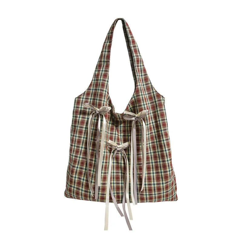 Korean Academia Plaid Bow Tote Bag – Large Canvas Shoulder Bag Canvas Tote Bag Nixie