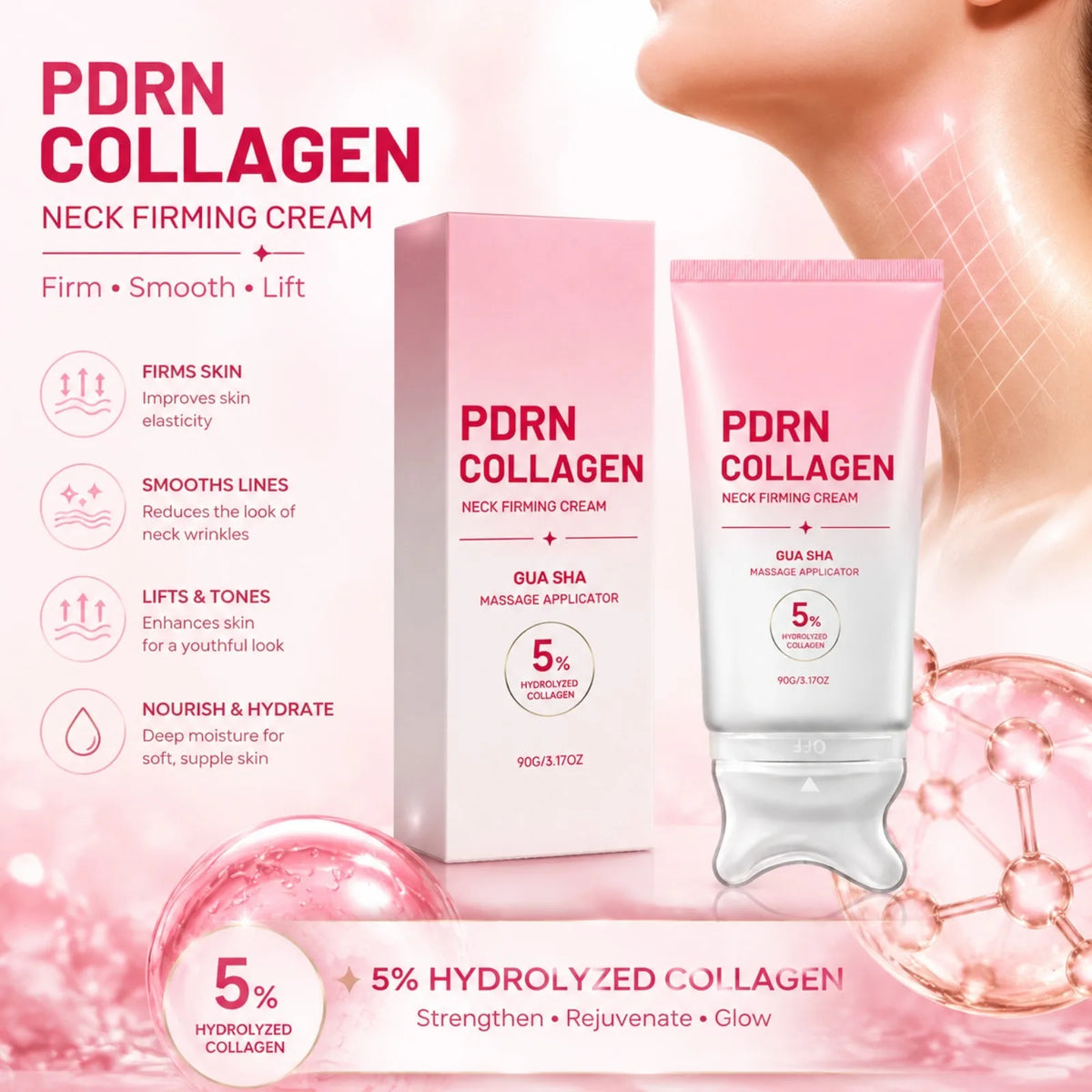 PDRN Collagen Neck Cream with Gua Sha Roller | Firming & Hydrating Neck Firming Cream Nixie