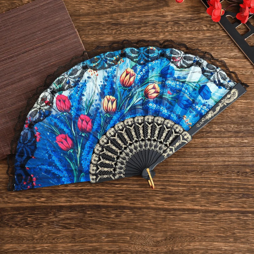 Spanish Folding Fan Black Floral Lace Dance Prop & Gift