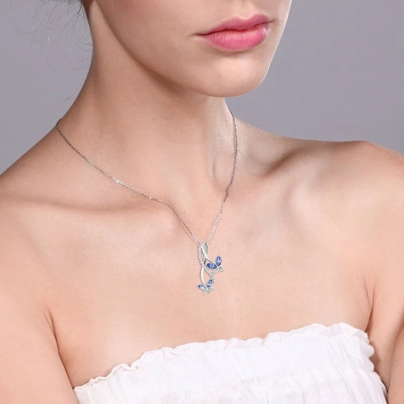 Women's Zircon Butterfly Pendant Necklace | Silver Blue Red Green Pendant Necklace Nixie