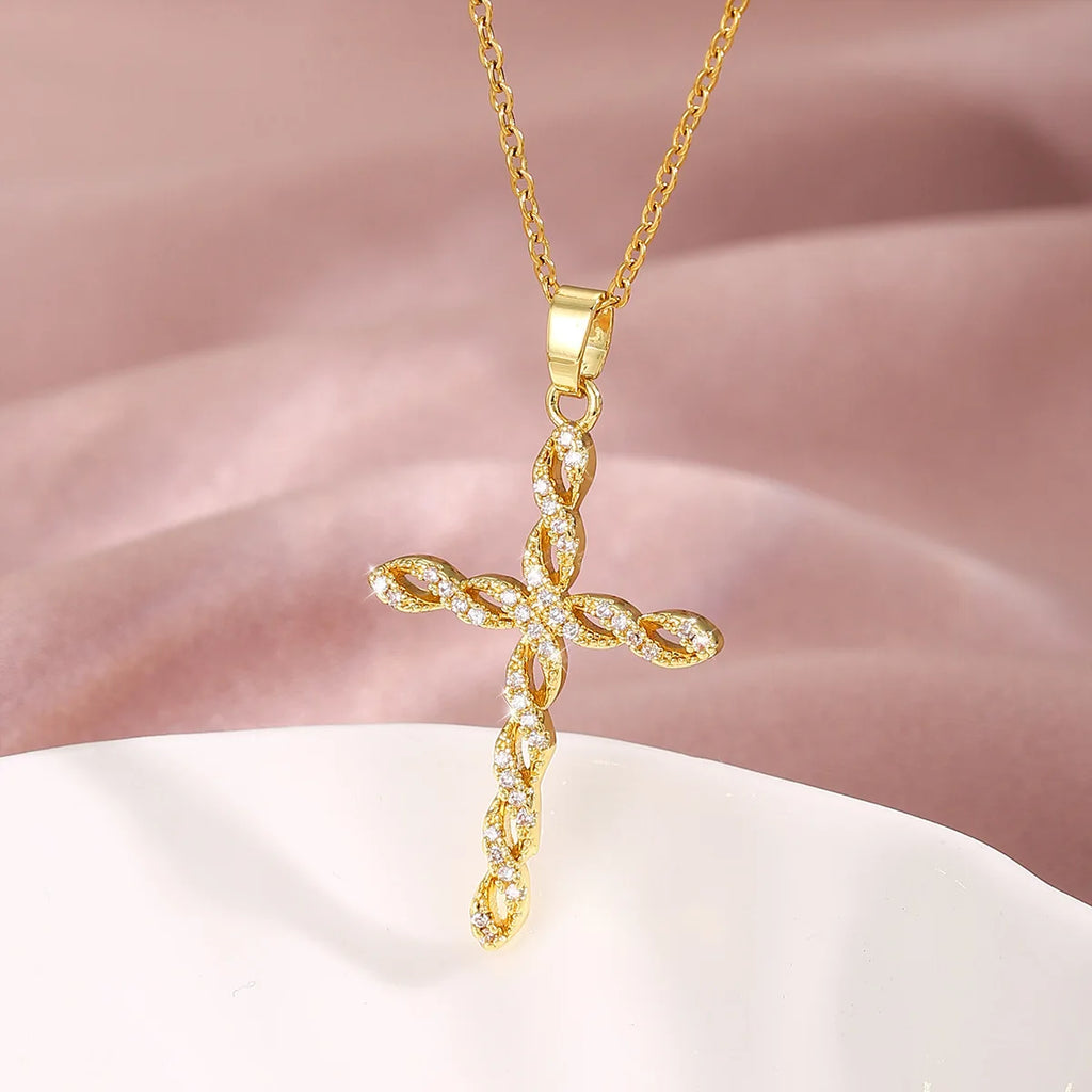 Vintage 3D Twist Cross Pendant Necklace – Copper & Rhinestone Pendant Necklace Nixie XL1462-8