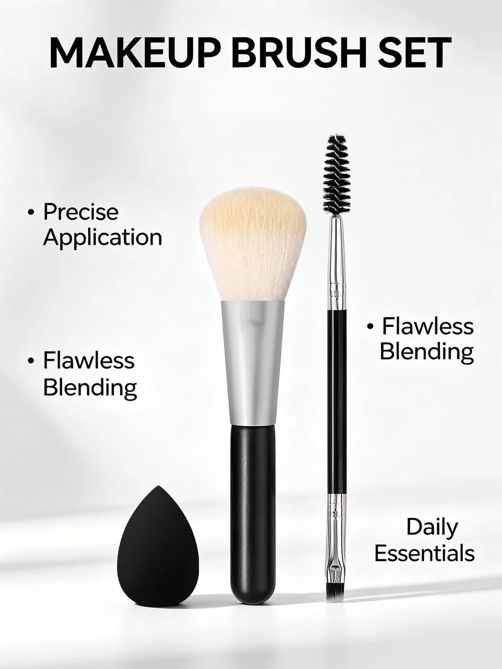 3-Piece Makeup Brush Set – Powder Brush, Eyebrow Brush & Puff Makeup Brush Set Nixie