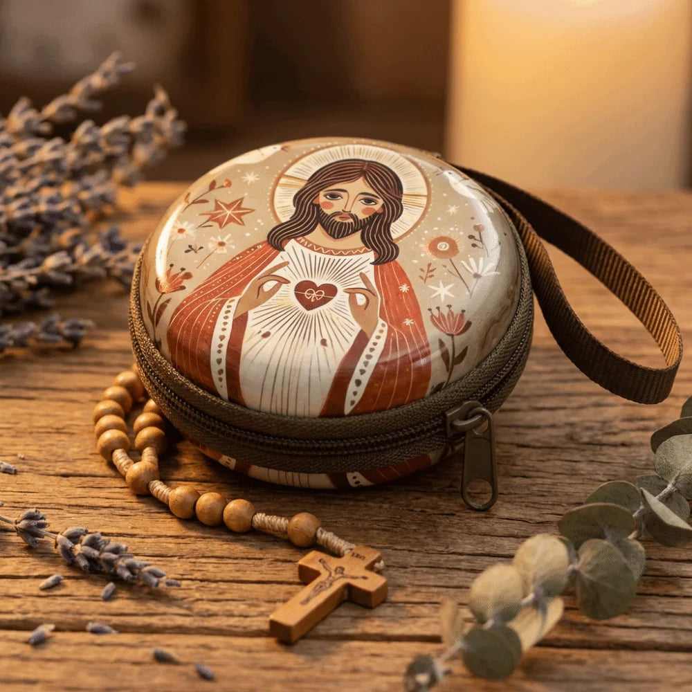 Virgin Mary Round Metal Rosary Storage Bag – Religious Keepsake