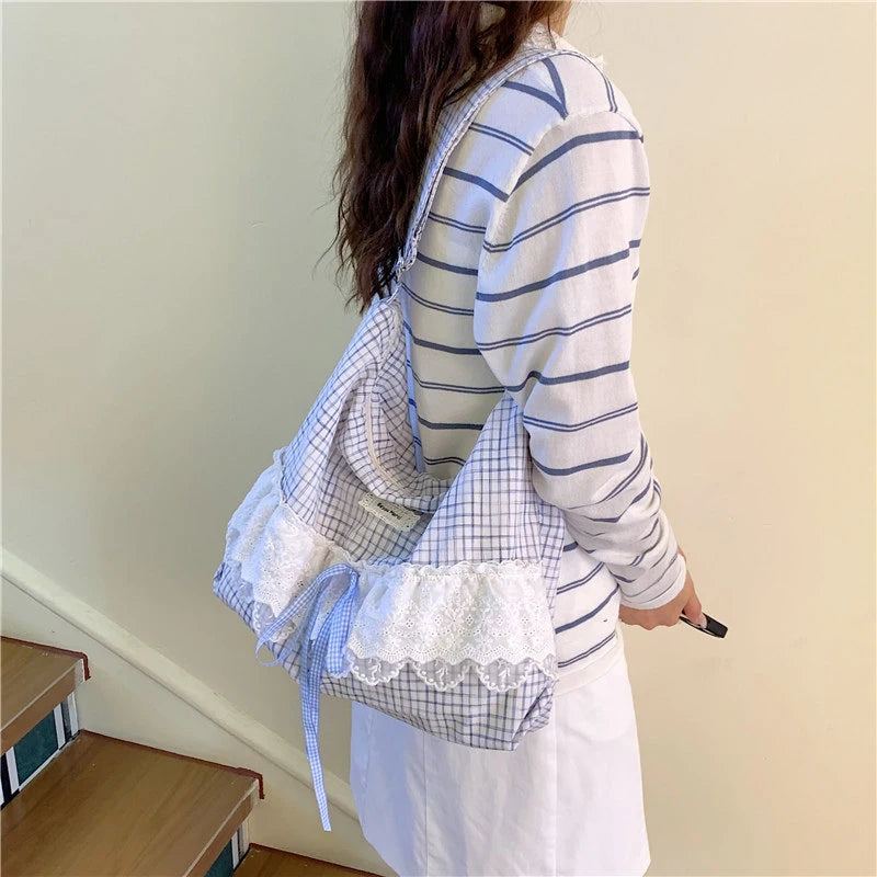 Lace-Trimmed Plaid Canvas Crossbody Bag – Women's Shoulder Bag Women's Crossbody Bag Nixie
