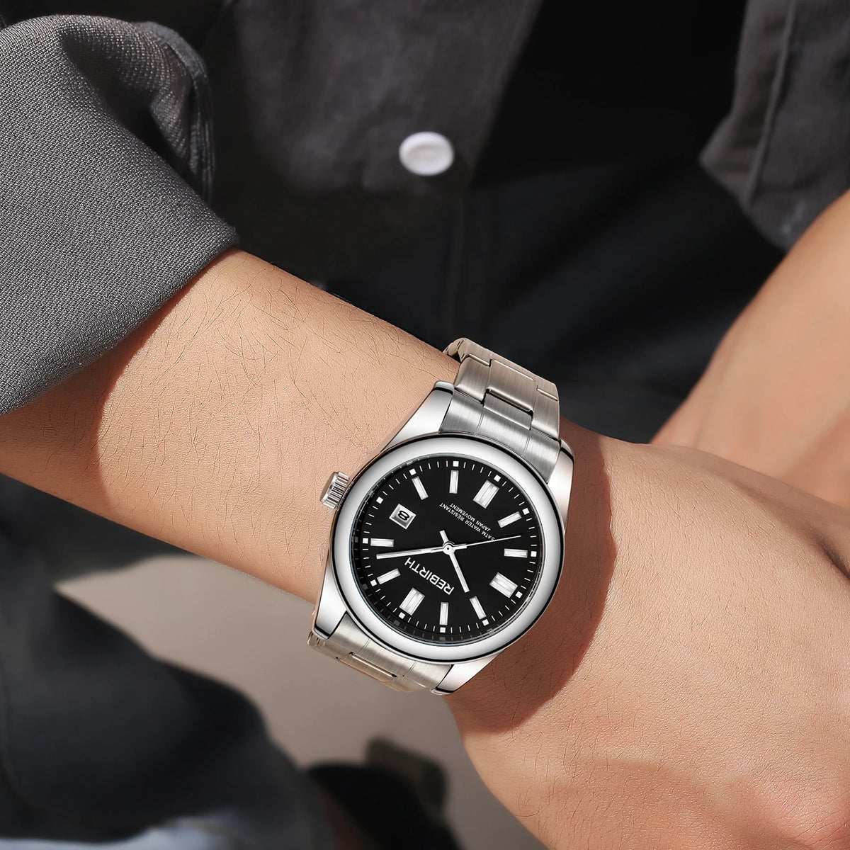REBIRTH Quartz Watch – Stainless Steel, Auto Date, Elegant Quartz Wristwatch Nixie