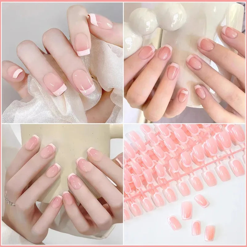 120Pcs Press On Nails Short Coffin French Glossy Pink Tips Press On Nails Nixie