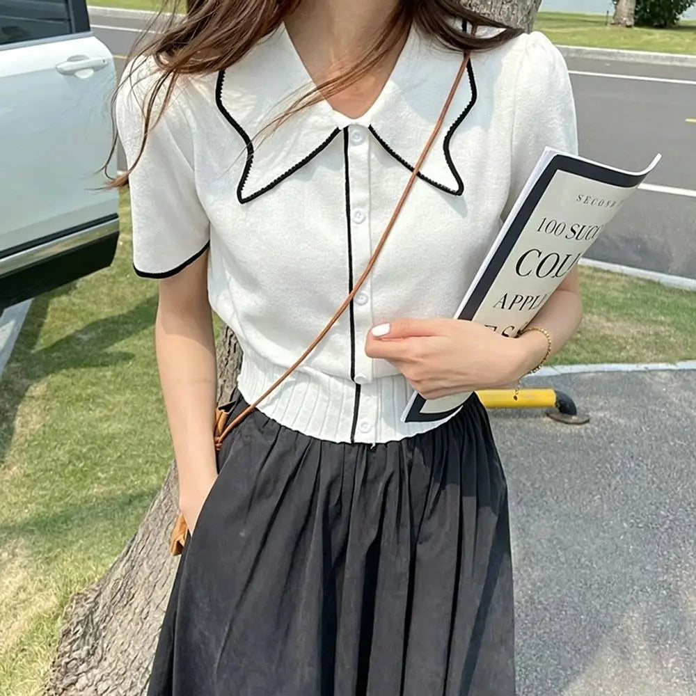 Women's Knitted Crop Top Lapel Collar Slim Fit Summer T-Shirt Knitted Crop Top Nixie