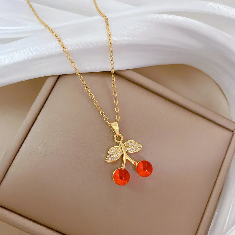 Cherry Pendant Necklace Women – Gold Stainless Steel Chain Pendant Necklace Nixie