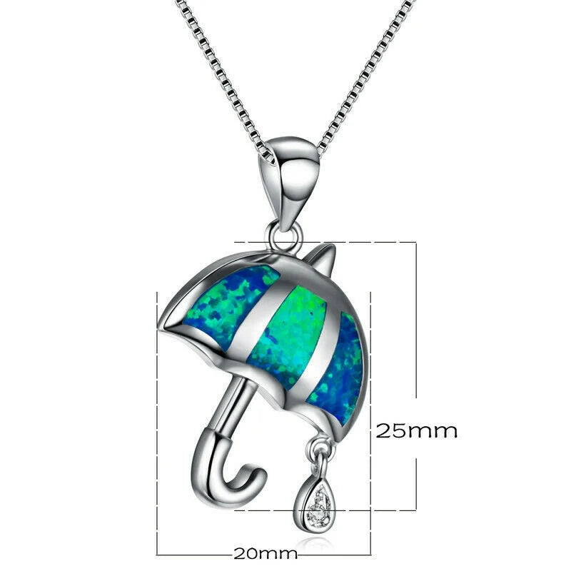 Silver Simulated Opal Umbrella Pendant Necklace | Gift Jewelry Pendant Necklace Nixie
