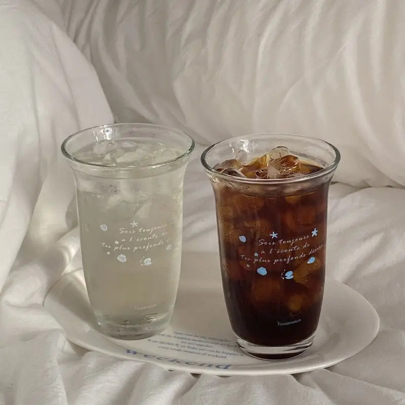 Retro Ocean Print Glass Cup for Cold Brew & Iced Drinks