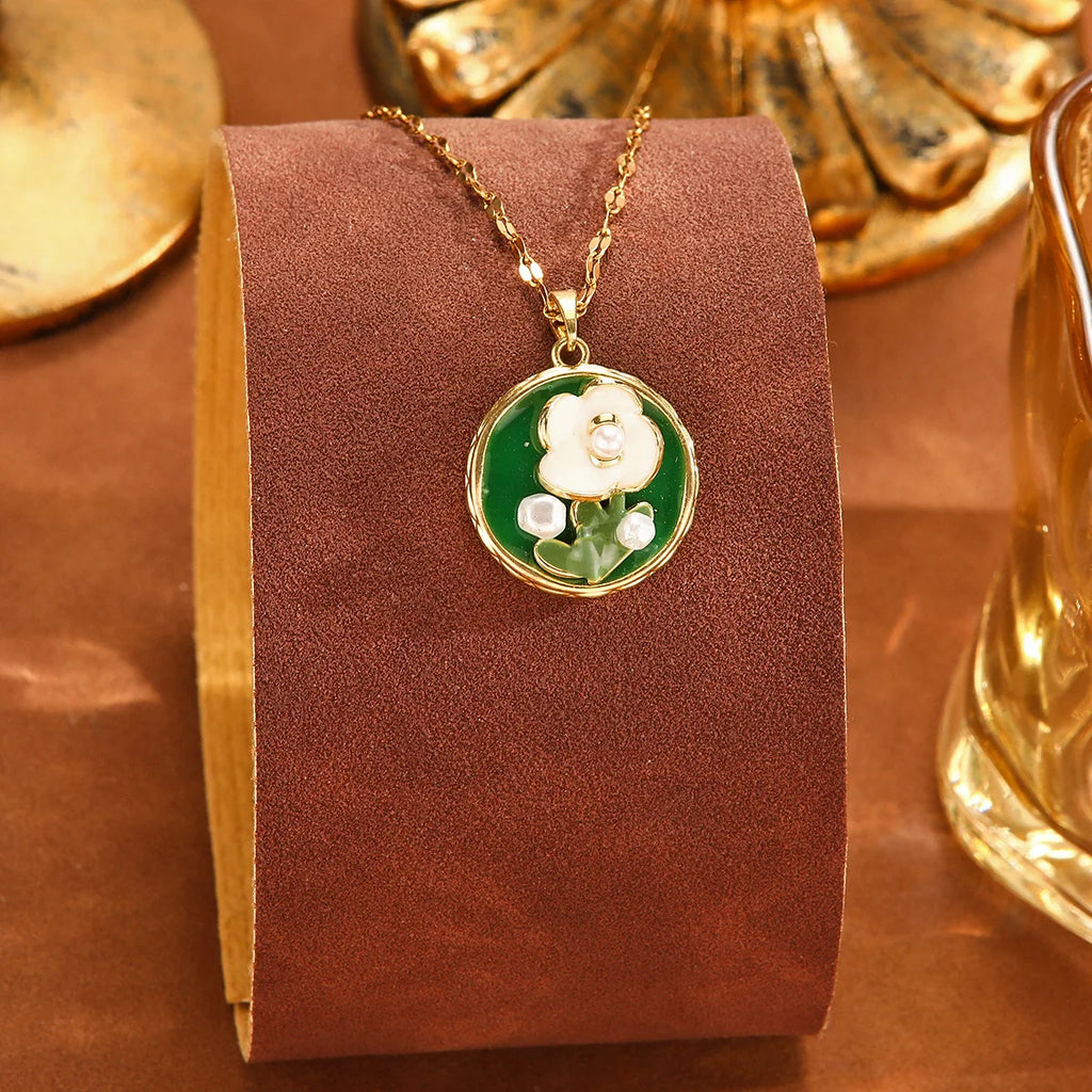 French Monet Garden Green Flower Necklace | Pearl & Gold Floral Pendant Necklace Nixie