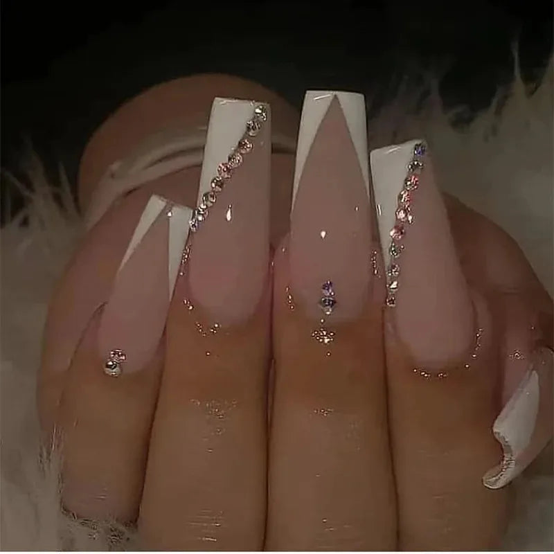 24Pcs Long Ballet French Press On Nails – White Acrylic Tips Press On Nails Nixie