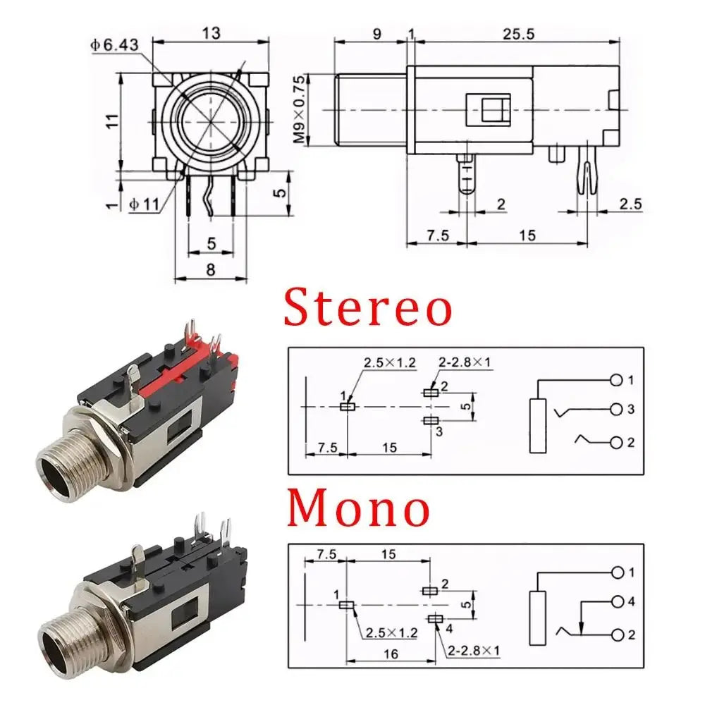 6.35mm Female Audio Jack Connector – Mono/Stereo Thread Lock Audio Jack Connector Nixie