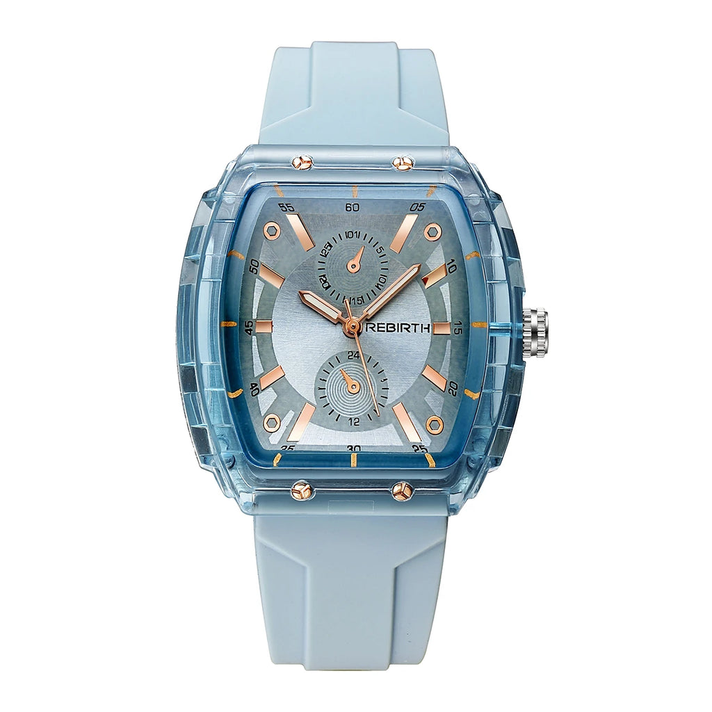 REBIRTH Casual Quartz Watch – Minimalist Tonneau Silicone Band Casual Quartz Watch Nixie SKY BLUE