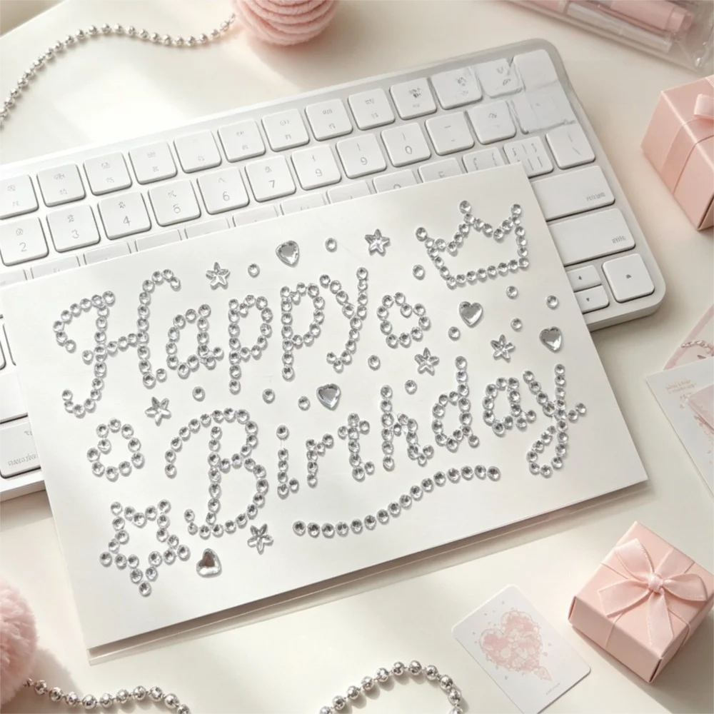 3D Birthday Rhinestone Stickers – Hearts, Stars & Silver Letters Decorative Craft Stickers Nixie