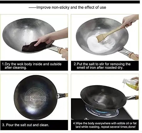FEB.WIND Hand Forged Iron Wok – Non-Coating, Wooden Handle Iron Cooking Wok Nixie