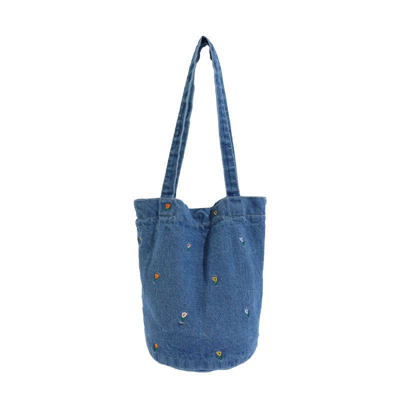 Cherry Embroidered Denim Bucket Bag – Large Tote Crossbody Denim Bucket Bag Nixie