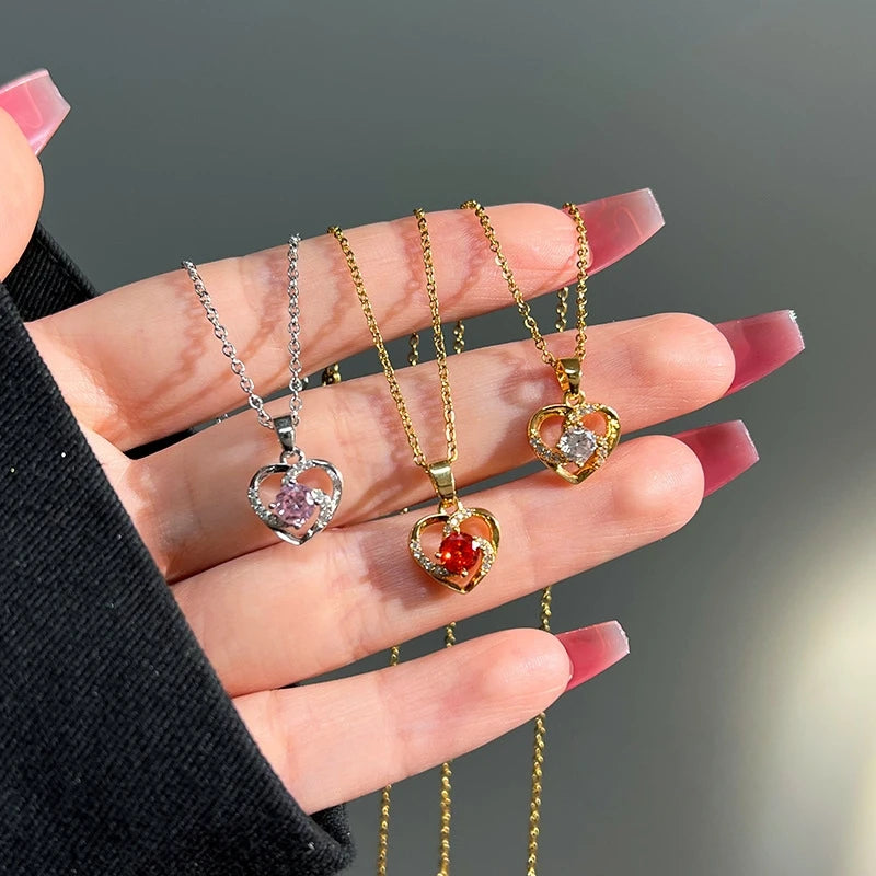 Heart Shaped Copper Pendant Necklace | Zircon Collarbone Chain Pendant Necklace Nixie