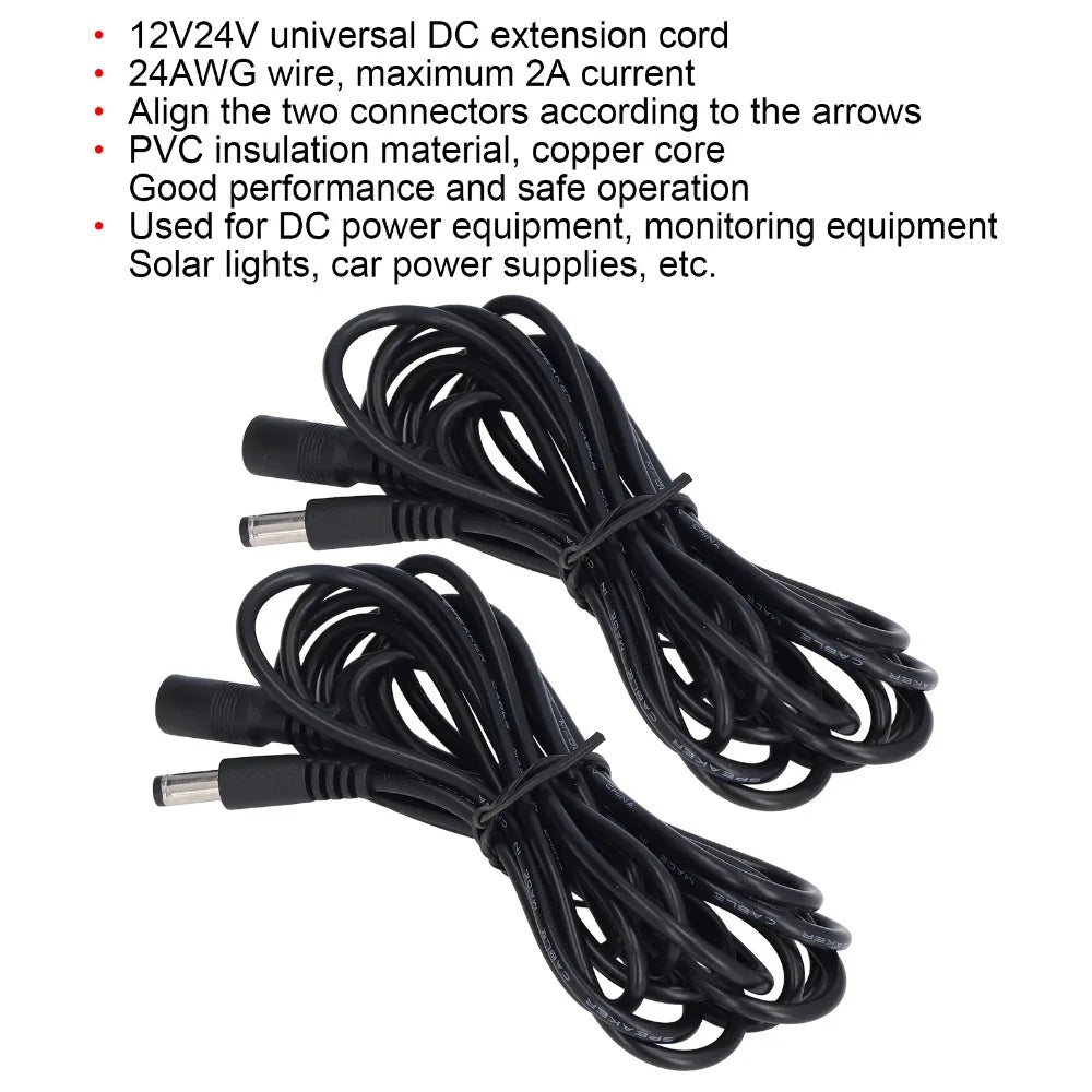2-Pack 9.8FT Solar DC Extension Cable 5.5x2.1mm 24AWG Male Female