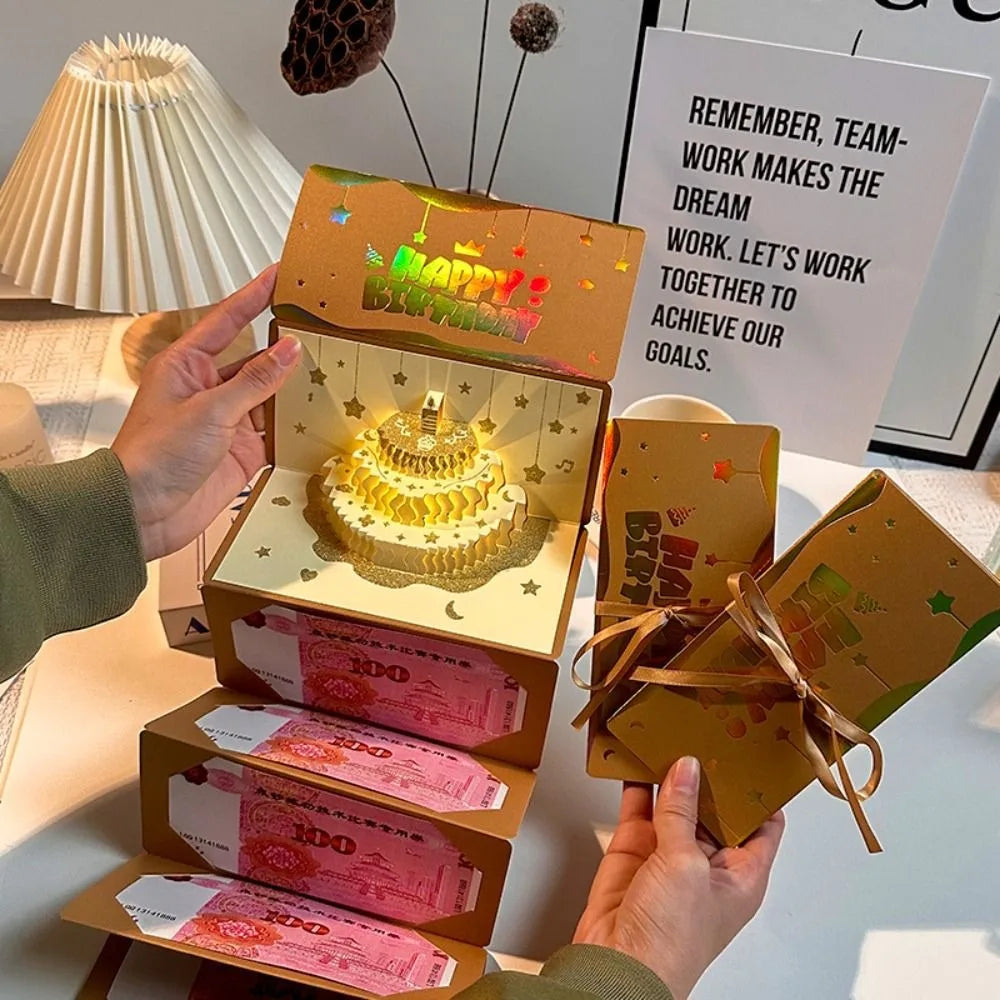 3D Pop-Up Birthday Card with LED Light & 6 Cash Gift Slots Pop-Up Greeting Card Nixie