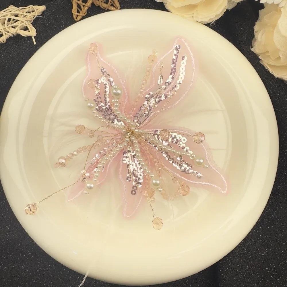 Handmade Bridal Stud Earrings & 3D Organza Flower Brooch Pin Bridal Jewelry Set Nixie Pink