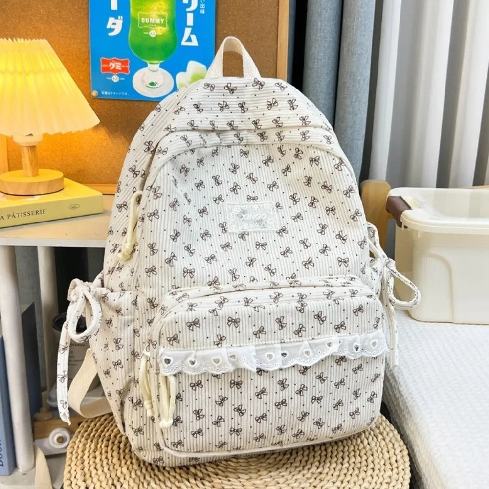 Korean Corduroy Backpack Bow Knot Polka Dot Preppy School Bag