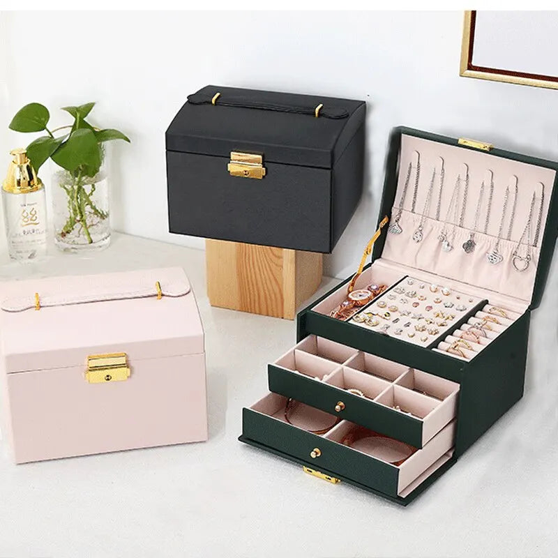 3-Layer Faux Leather Drawer Jewelry Box with Lock Jewelry Storage Box Nixie
