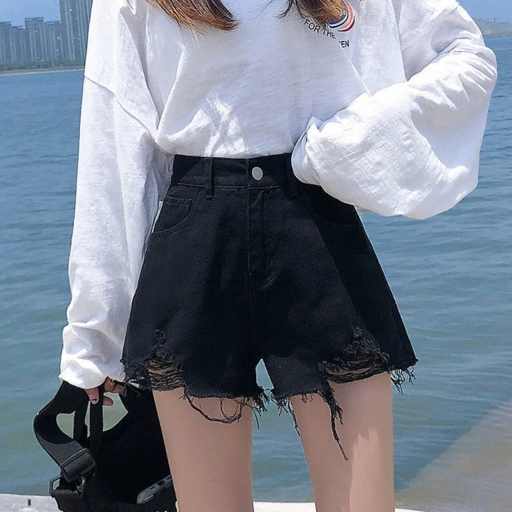 Women's High Waist Ripped Denim Shorts | Stretchy Frayed Hem Women's Denim Shorts Nixie