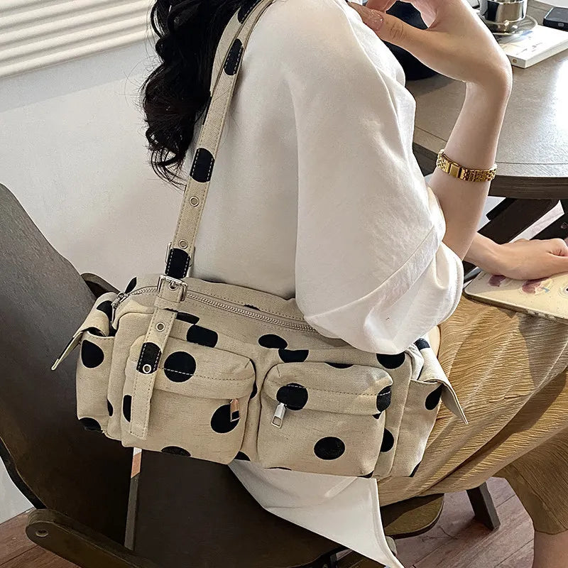 Korean Polka Dot Canvas Tote Bag – Large Women's Shoulder Bag Canvas Tote Bag Nixie