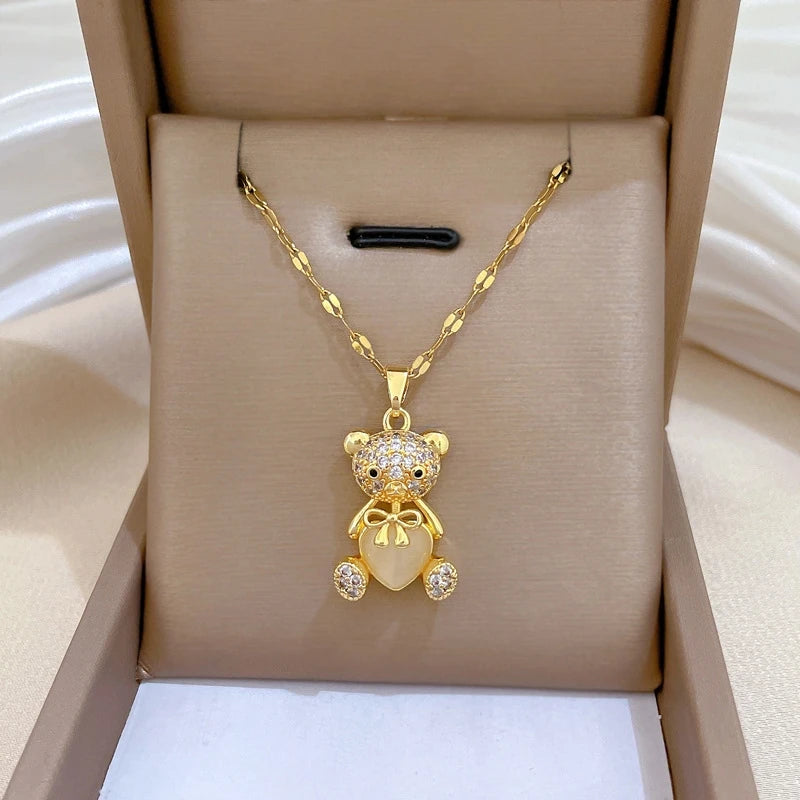 Heart Bear Pendant Choker Necklace – Gold Stainless Steel Pendant Necklace Nixie