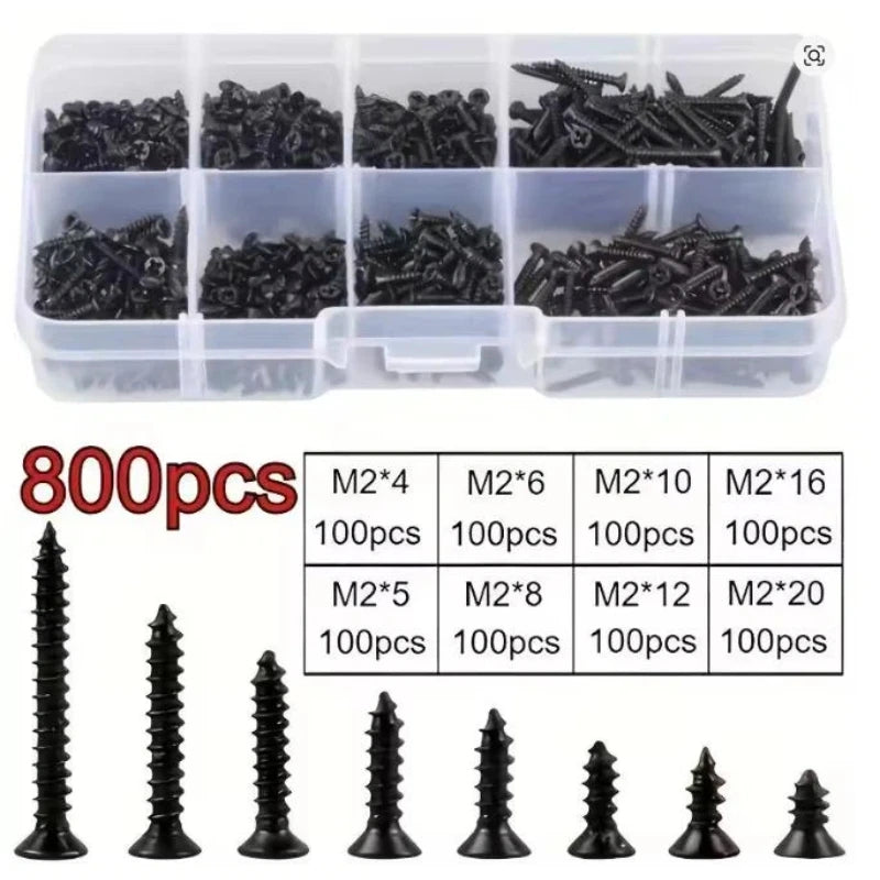 400/800pcs Phillips Self-Tapping Screws M1–M6 Carbon Steel Black Self-Tapping Screws Nixie