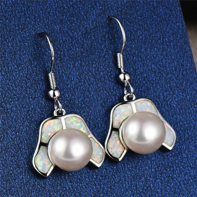 White Pearl Simulated Opal Silver Dangle Drop Earrings Dangle Drop Earrings Nixie