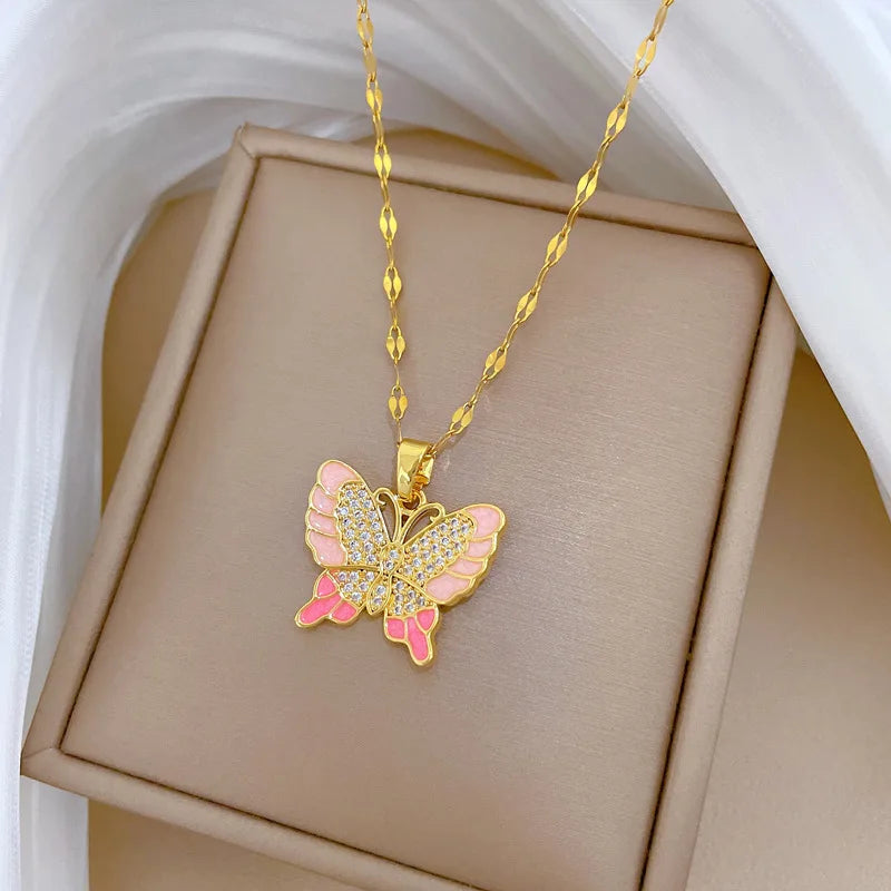 Zircon Butterfly Pendant Necklace | Gold Stainless Steel Pendant Necklace Nixie