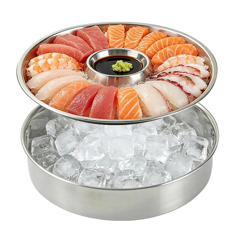 Stainless Steel Sashimi Ice Plate with Dipping Dish Sashimi Ice Serving Tray Nixie