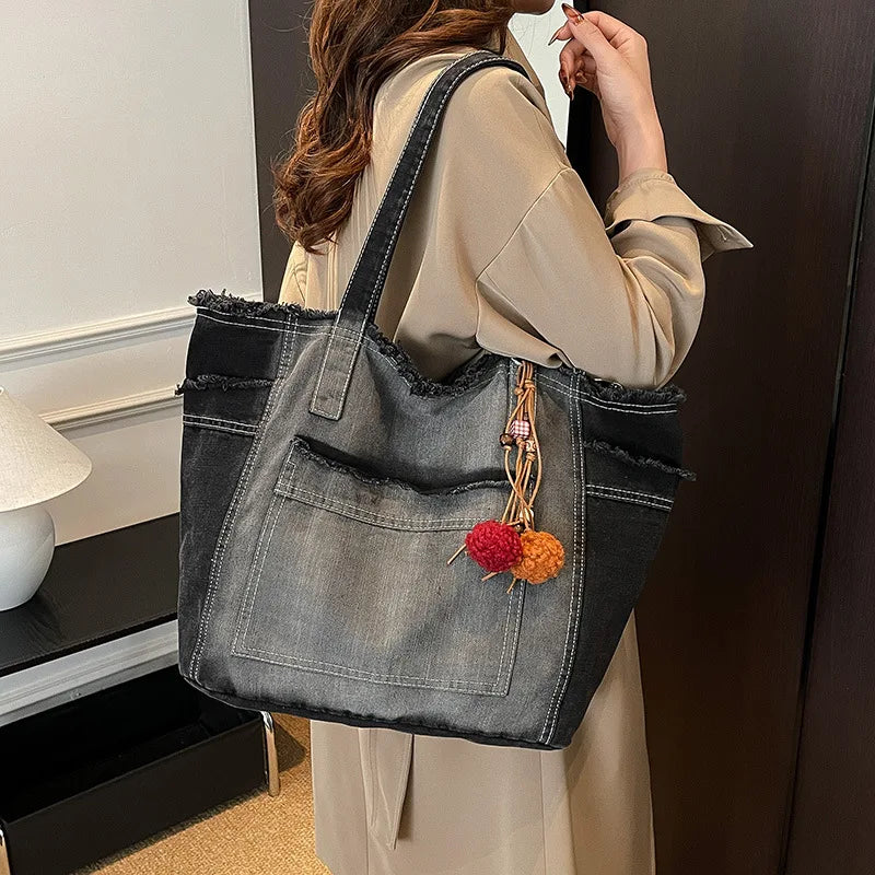 Japanese Washed Denim Tote Bag – Large Women's Shoulder Bag Denim Tote Bag Nixie