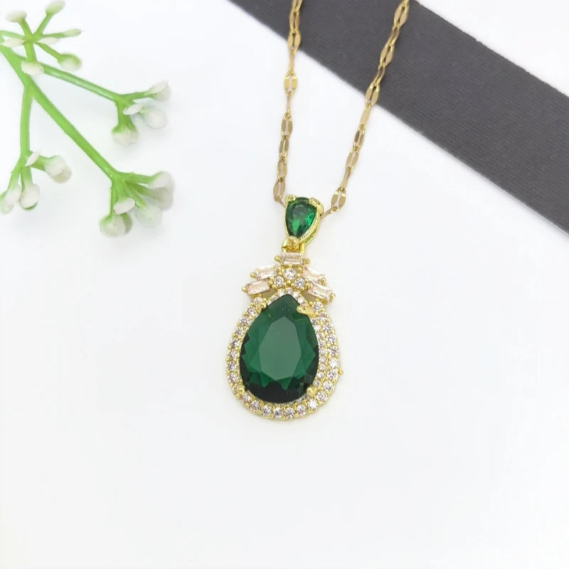 Emerald Zircon Pendant Necklace | Gold Stainless Steel Chain Pendant Necklace Nixie