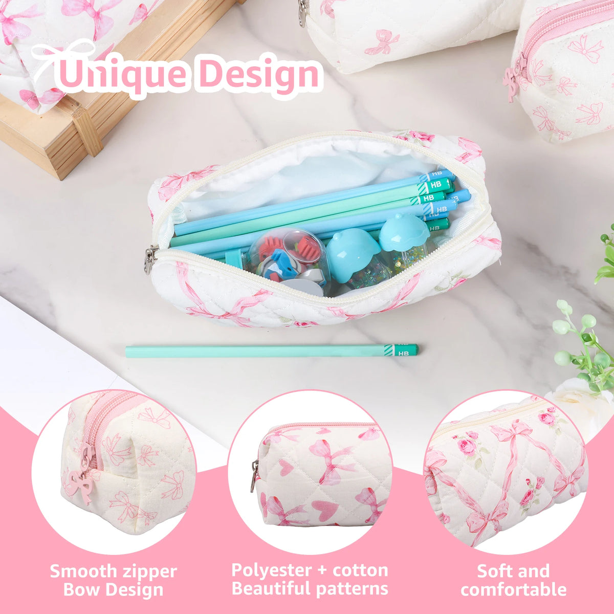 4Pcs Cute Bow Pencil Pouch Set | Zipper Case for School Travel Pencil Pouch Set Nixie